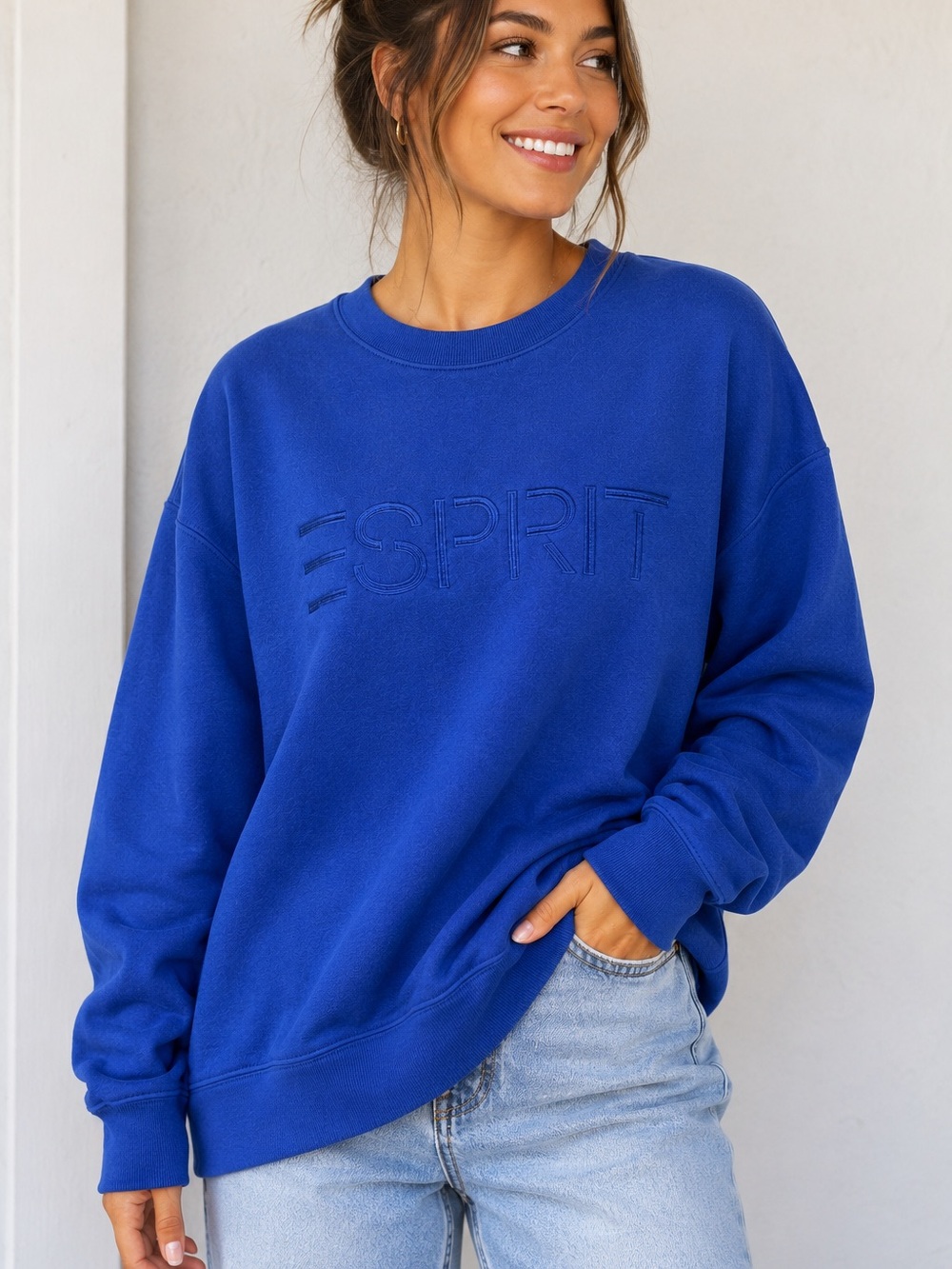 Esprit Embroidered Logo Crewneck fleece Blue Viral 80's 90’s NWT XL Costco